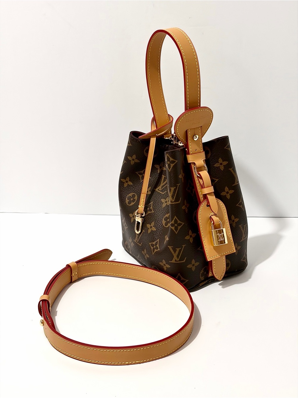 Monogram Canvas Mini Bucket Bag with Tan Leather Trim